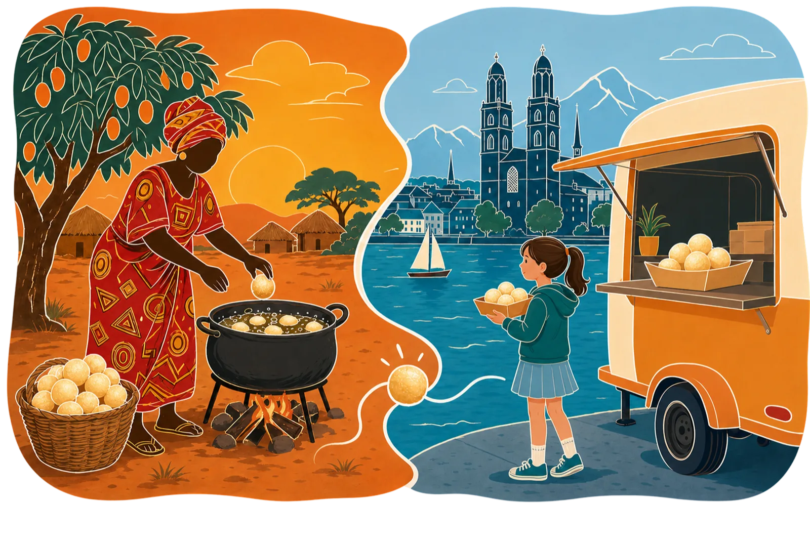 From a Cameroonian village to Zurich: the traditional way of frying puff puff and the Golden Puffs trailer in front of the Grossmünster