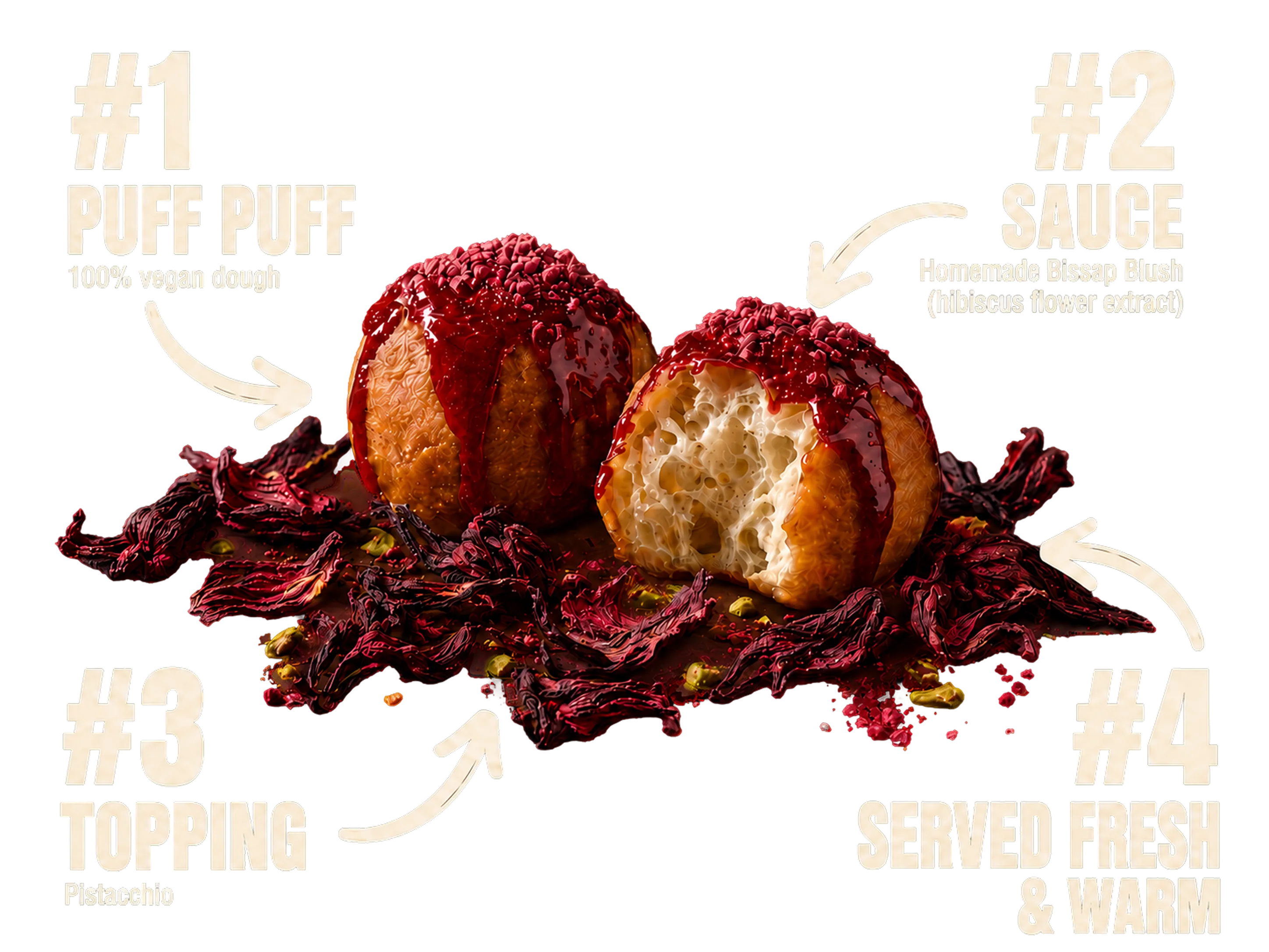 Anatomy of a Golden Puffs puff puff: 100% vegan dough, homemade Bissap Blush sauce, pistacchio topping, served fresh and warm