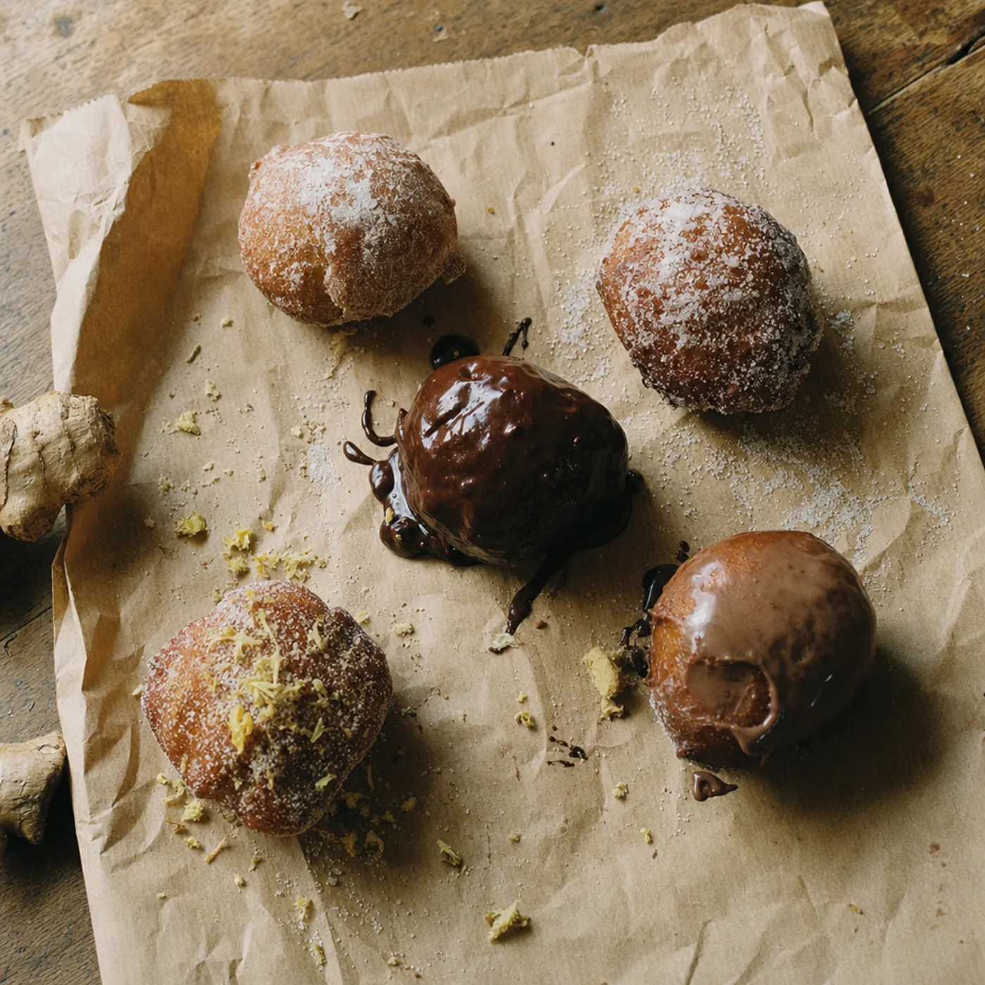 Cinq puff puffs Classic Flavors Golden Puffs sur papier kraft