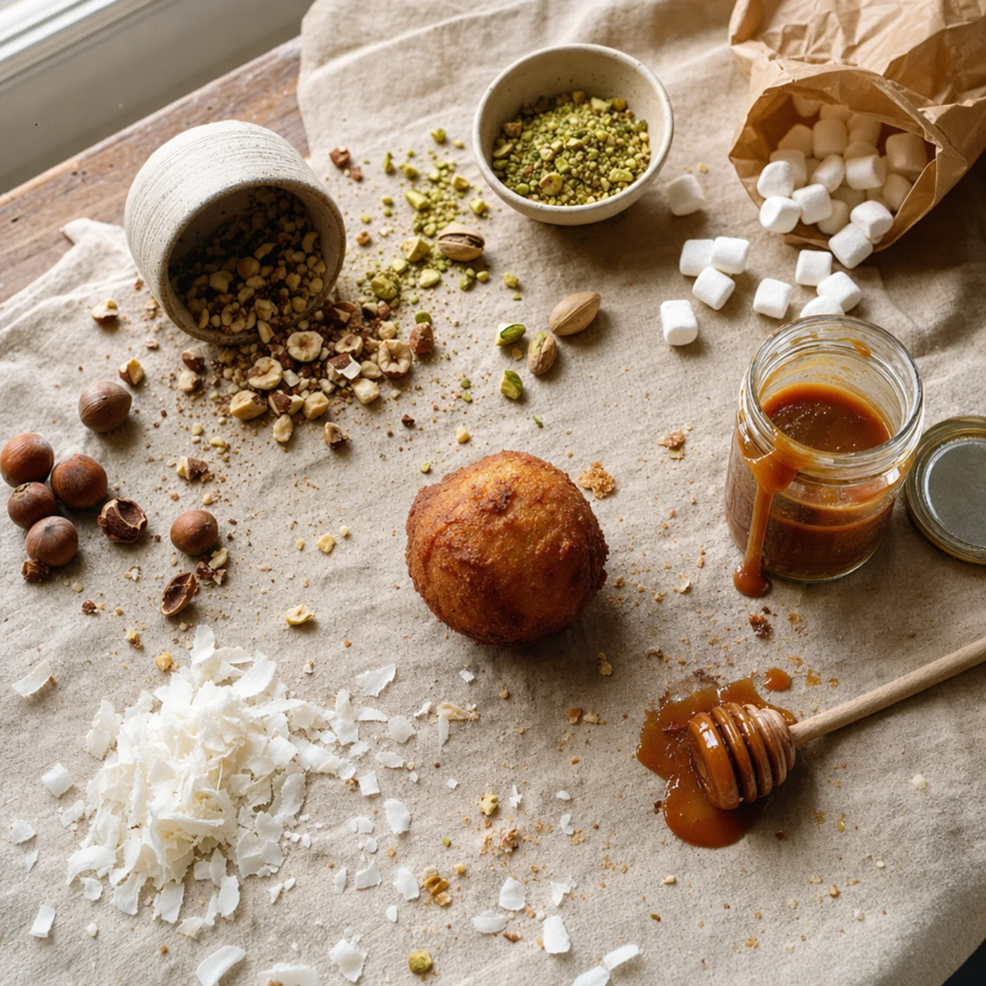 Puff puff Golden Puffs entouré de ses cinq toppings